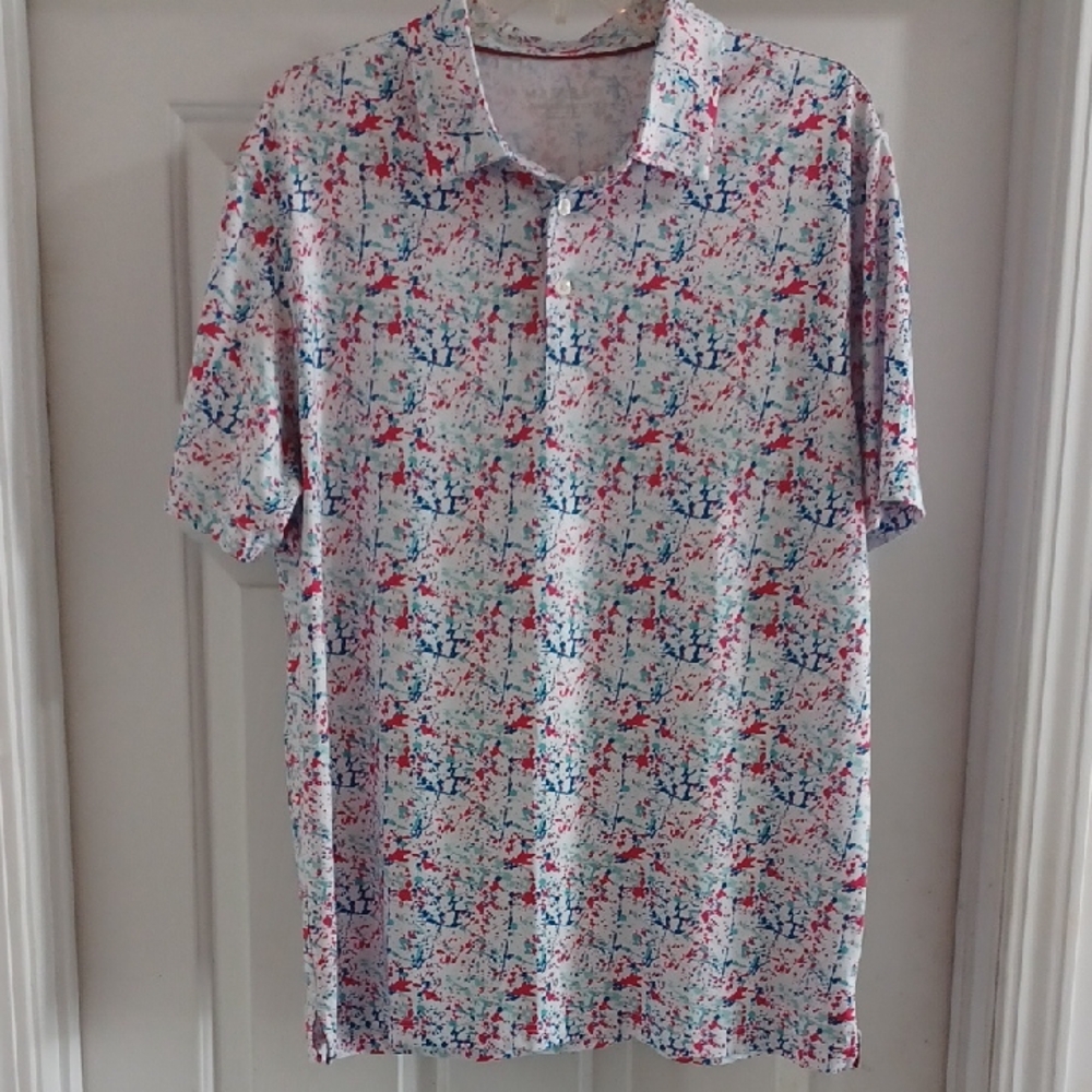 Men's Golf Polo in White with Blue & Pink Abstract Print, L